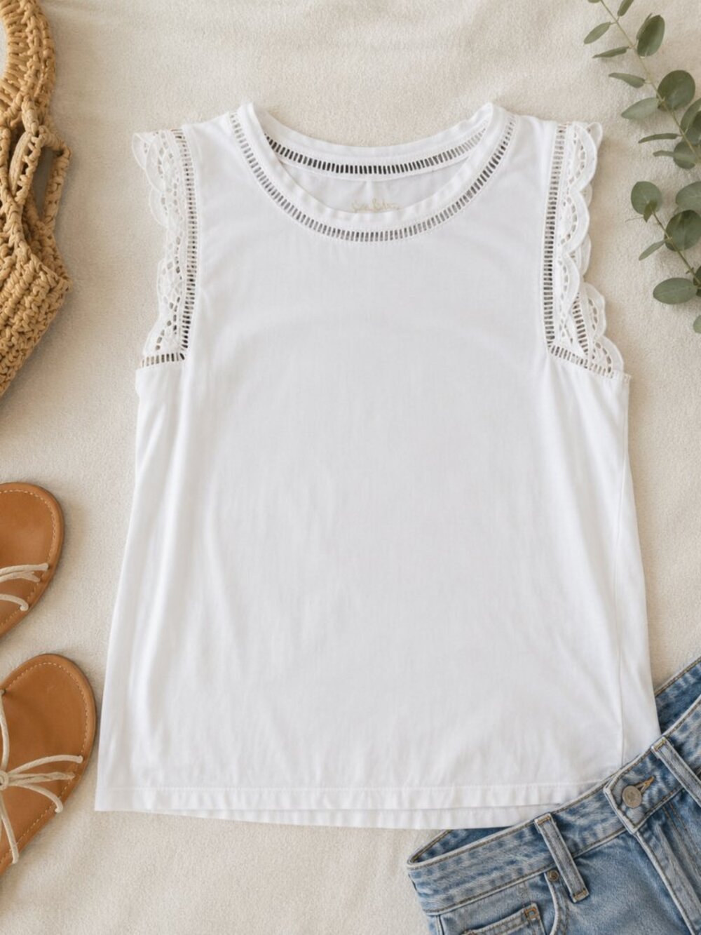 Lilly Pulitzer Agee Sleeveless Lace Trim Top White Ivory Tank M, Preppy Coastal